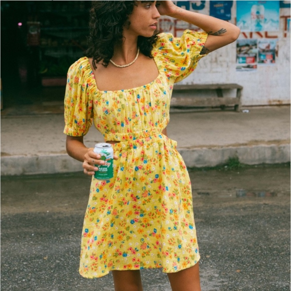 Billabong Floral Yellow Ruffle Mini Puff Sleeve Dress